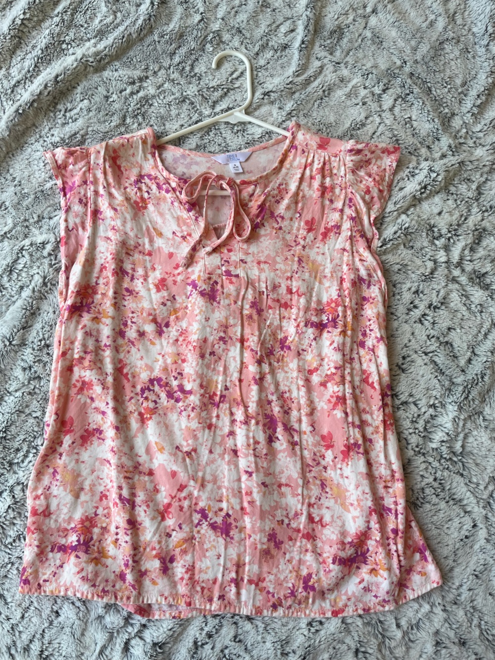 Time and Tru Pink Floral Tie-Neck Cap Sleeve Blouse